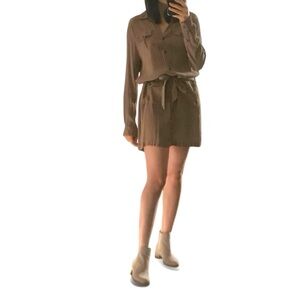 Soft Joie Brown Button-Down Shirt Dress | Long Sleeve Belted Utility Mini (XS)